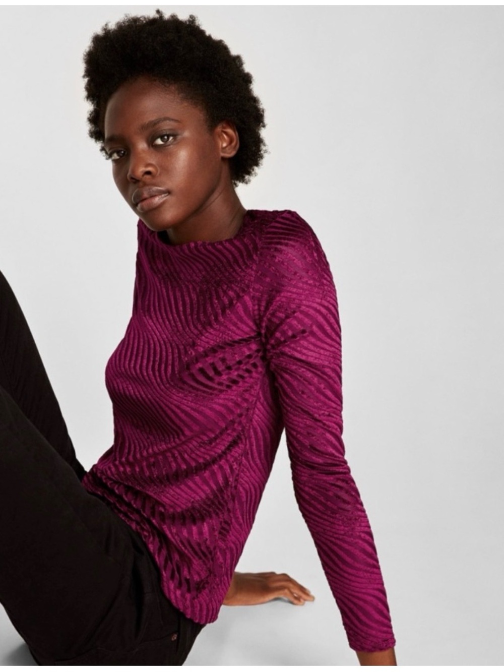 Zara Long-Sleeve Textured Crewneck Top - Magenta